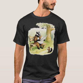 T-shirt blaireau assis sur un banc lisant un journal