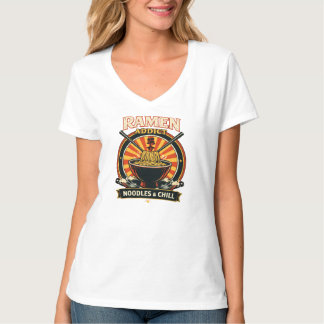 T-shirt blanc col en V pour femmes avec Ramen Addi