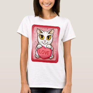 T-shirt blanc d'amour de coeur de sucrerie de chat