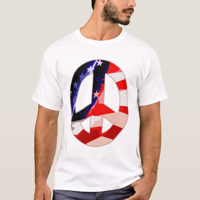 T-shirt blanc et bleu rouge de signe de paix (Devant)