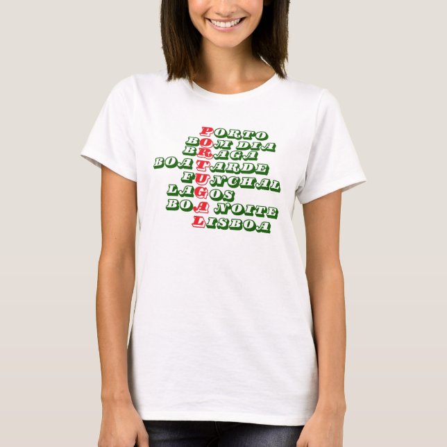 T-shirt blanc féminin Portugal. Bonjour (Devant)
