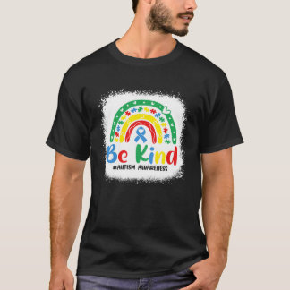T-shirt Bleached Be Kind Rainbow Blue Ribbon Autism Awaren