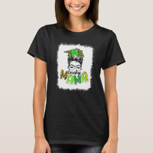 T-shirt Bleached Lucky Mama Messy Bun Shamrock St Patrick