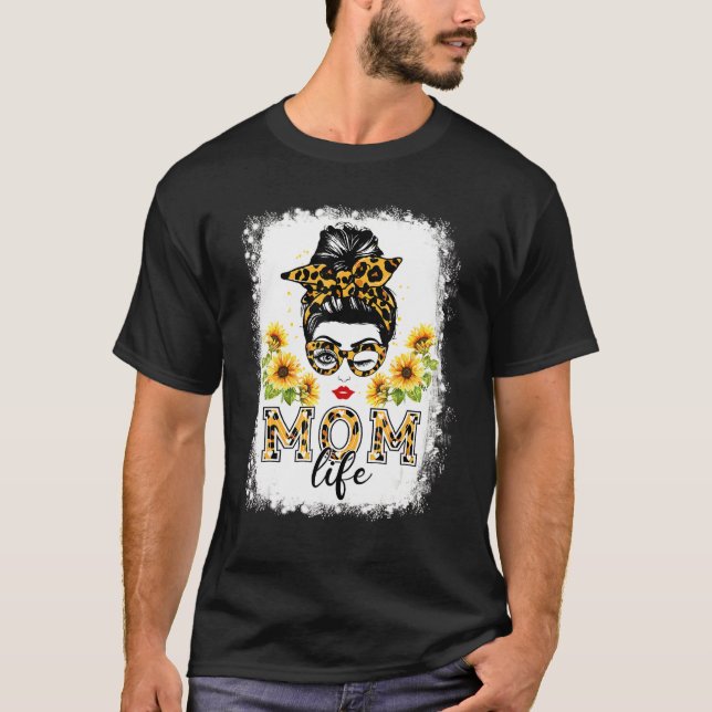 T-shirt Bleached Maman Sunflower Messy Bun Maman Vie Mère (Devant)