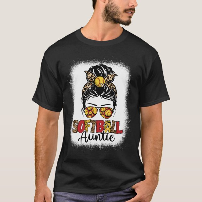 T-shirt Bleached Softball Auntie Leopard Messy Bun Mothers (Devant)