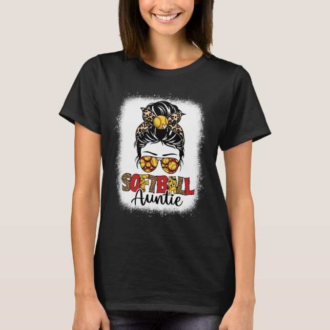 T-shirt Bleached Softball Auntie Leopard Messy Bun Mothers (Devant)