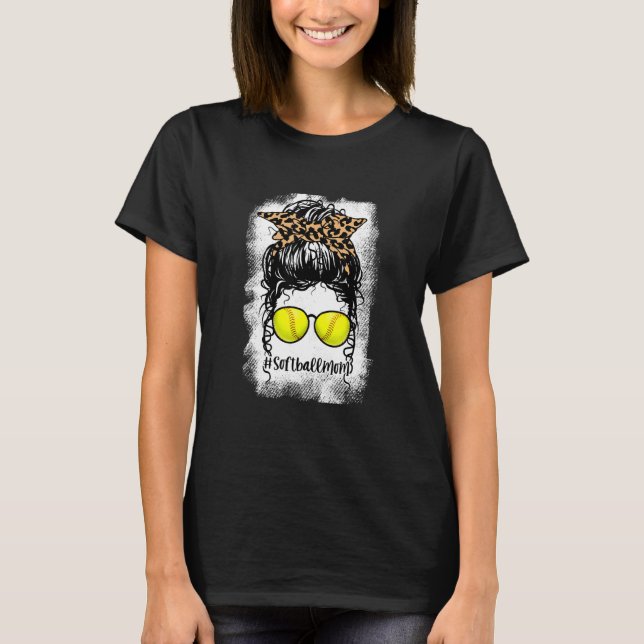 T-shirt Bleached Softball Maman Vie Leopard Messy Bun Pour (Devant)