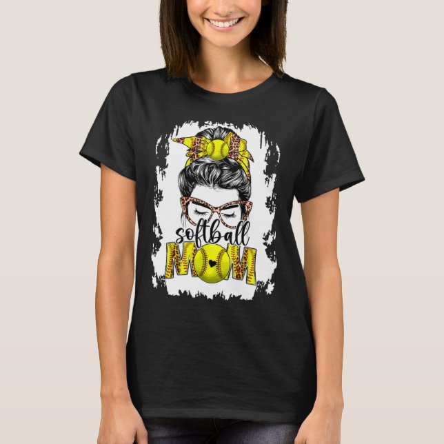 T-shirt Bleached Softball Mom Game Day Messy Bun Leopard P (Devant)