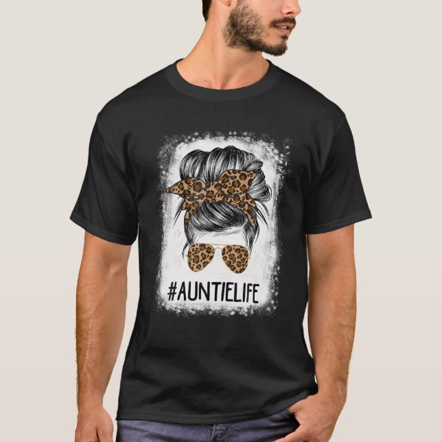 T-shirt Bleached Vie Tante Leopard Messy Bun Femmes Mothe (Devant)