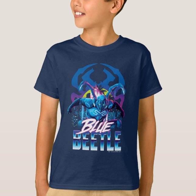 T-shirt Bleu Beetle Rétrowave Ville coucher du soleil (Devant)