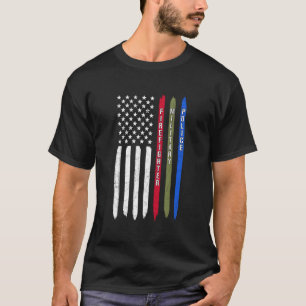 T-shirt Bleu Bleu Vert Ligne Américaine Drapeau Police Mil