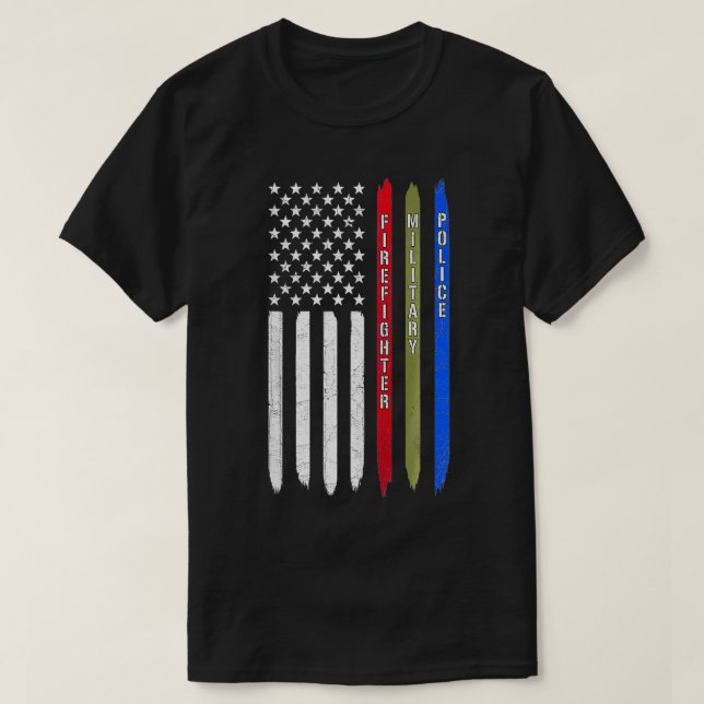 T-shirt Bleu Bleu Vert Ligne Américaine Drapeau Police Mil (Design devant)