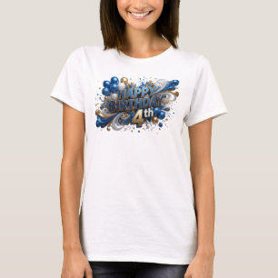 T-shirt Bleu Classique JOYEUX ANNIVERSAIRE 4ÈME Texte 3D A