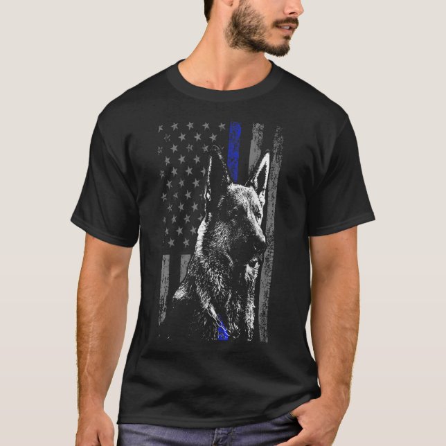 T-shirt Bleu fin Drapeau K9 Berger Allemand Chien de polic (Devant)