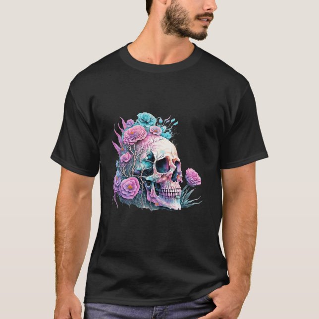T-shirt bleu floral Art crâne foncé (Devant)