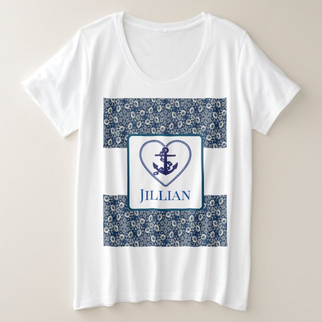 T-shirt bleu floral de la marine personnalisée (Design devant)
