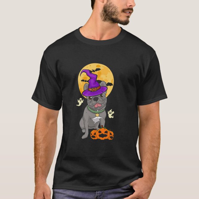 T-shirt Bleu Français Bulldog sorcière Halloween Costume C (Devant)