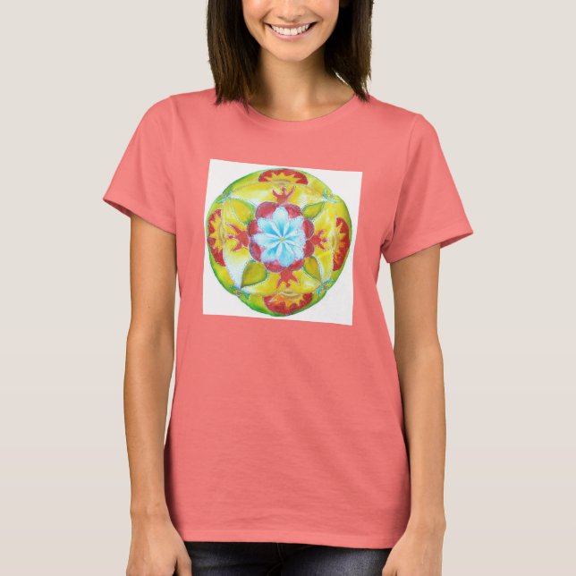 T-shirt Bleu, Jaune, Rouge, Mandala de Paix (Devant)
