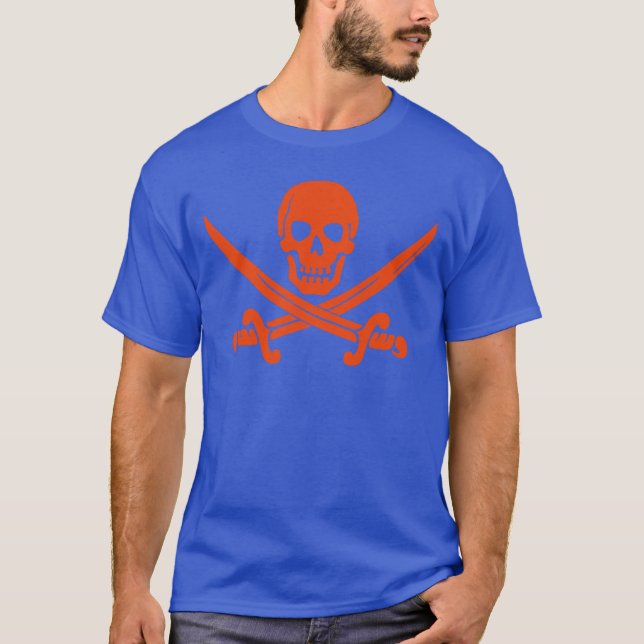 T-shirt bleu orange pirate crâne et épées (Devant)