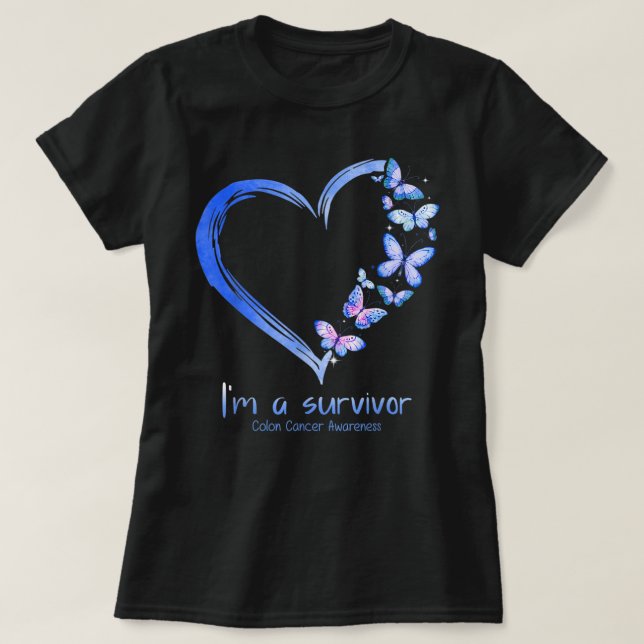 T-shirt Bleu Papillon Coeur Je suis Un Survivant Colon Can (Design devant)