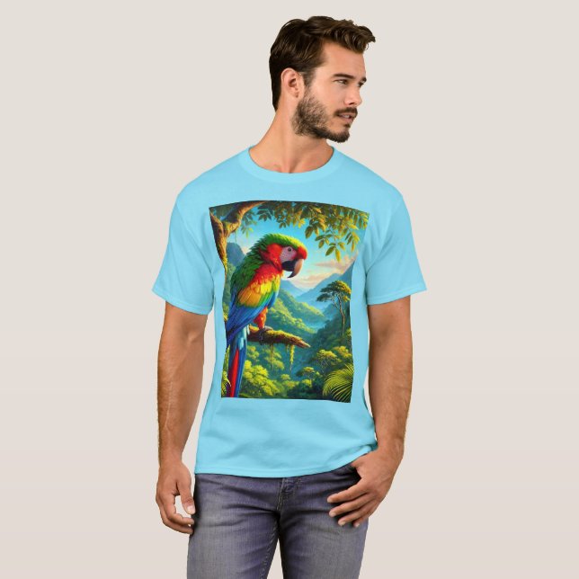 T-shirt bleu pour perroquet macaw Aiguille (Devant entier)
