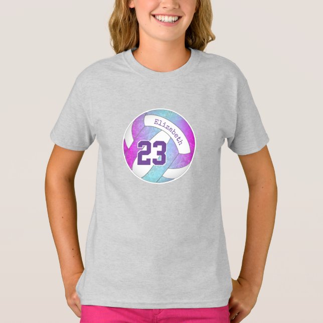 T-shirt bleu rose violet artsy filles volleyball (Devant)