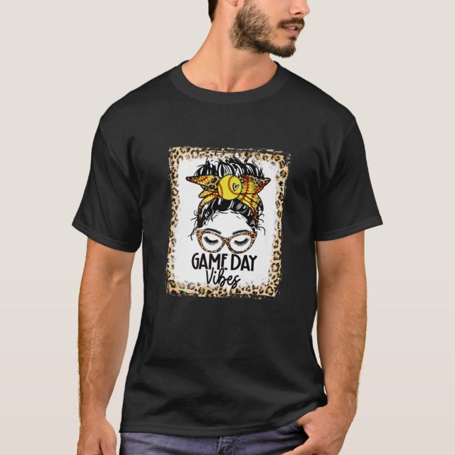 T-shirt Bleu Softball Jour Vibes Messy Bun Softbal (Devant)