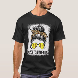 T-shirt Bleu Softball Nannie Life Leopard Messy Bun Mo