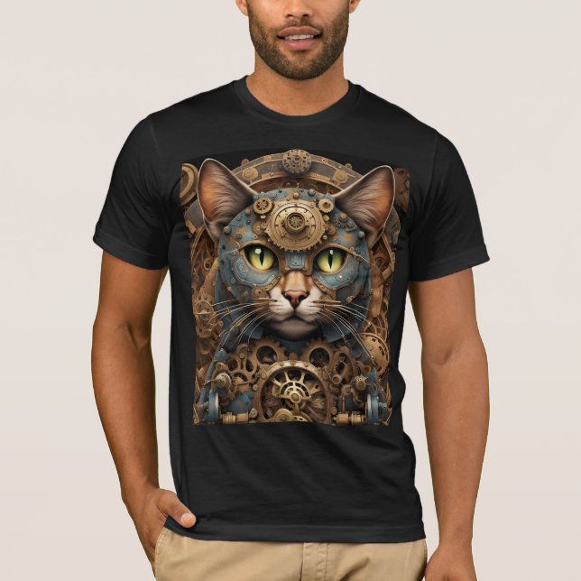 T-shirt bleu steampunk cat IA art (Devant)