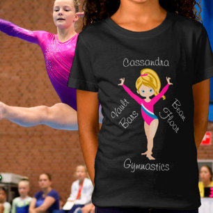 T-Shirt Blonde de gymnastique, Yeux Bleus, Léotard Rose