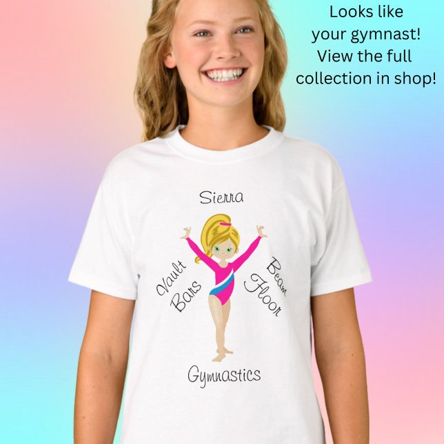T-shirt Blonde de gymnastique, Yeux verts, Léotard rose (Créateur téléchargé)