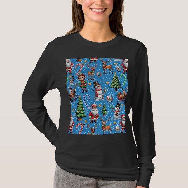 T-shirt Blue Background Christmas Decorative Pattern (Devant)