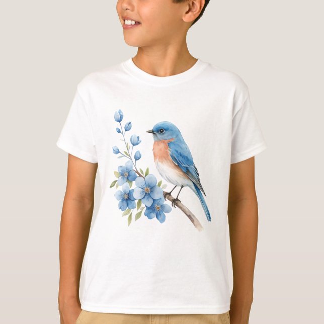 T-shirt Blue bird with blue flowers (Devant)