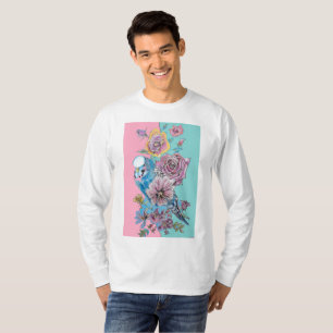 T-shirt Blue Budgie Aquarelle Rouge Roses art floral