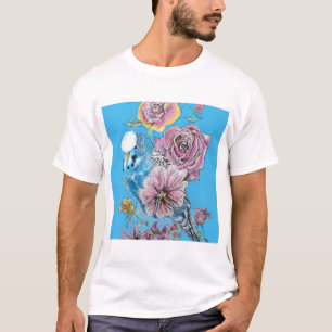 T-shirt Blue Budgie Budgerigar Rose aquarelle art floral