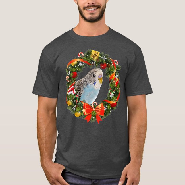 T-shirt Blue Budgie Parakee Wreath Christmas Premium (Devant)