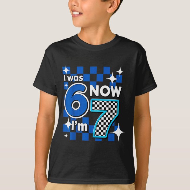 T-shirt Blue Checkered I Was 6 Now I'm 7 Birthday  (Devant)