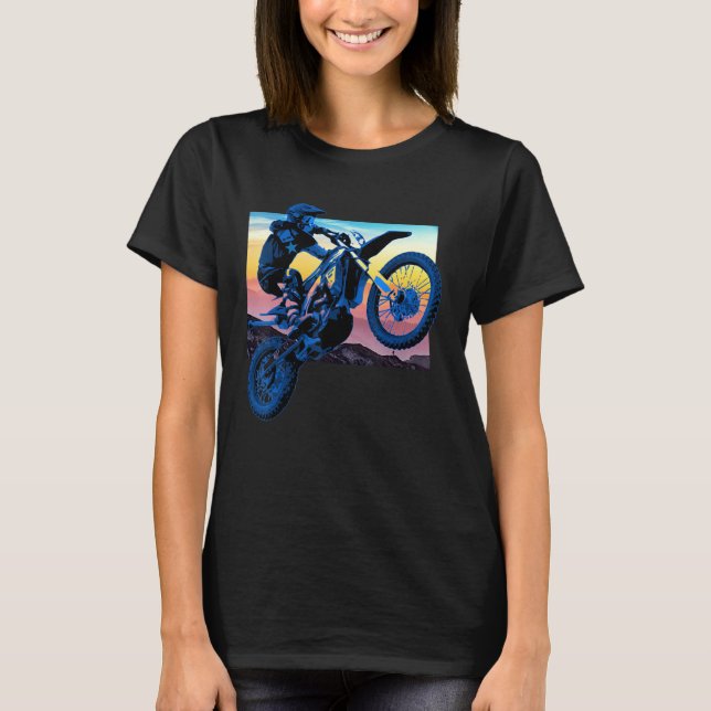 T-shirt Blue Dirt Bike Rider Motorbike Racer Retro Sunset (Devant)