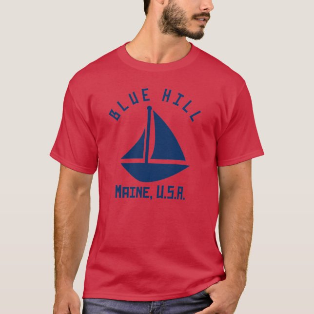 T-shirt Blue Hill Maine Voilier Marine Blue Text Abs (Devant)