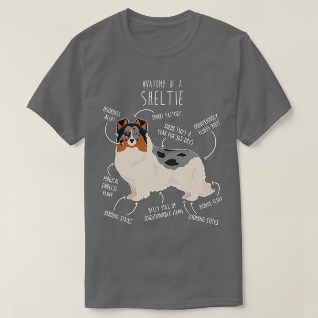 T-shirt Blue Merle Sheltie Shetland Sheepdog Anatomie 1 (Design devant)