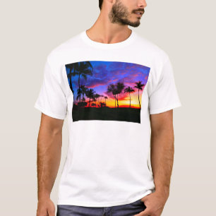 T-shirt Blue Red Sunset Exotic Hawaiian Beach Palm Trees