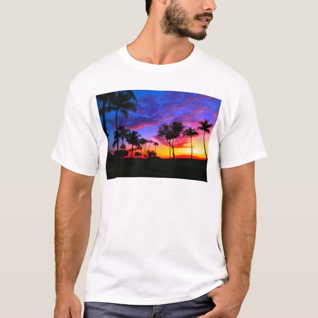 T-shirt Blue Red Sunset Exotic Hawaiian Beach Palm Trees (Devant)