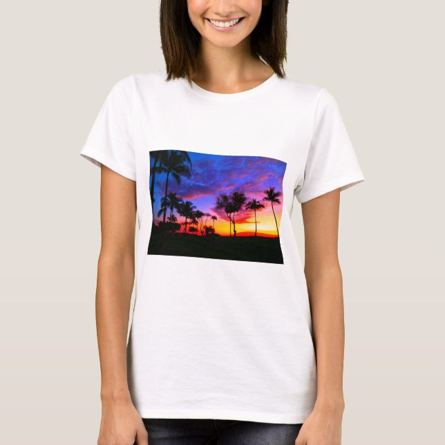 T-shirt Blue Red Sunset Exotic Hawaiian Beach Palm Trees (Devant)