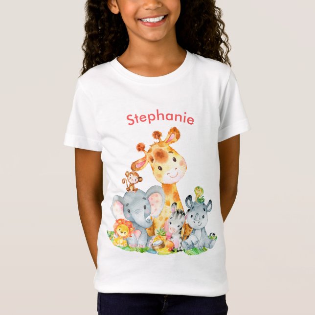 T-Shirt Blue Watercolor Cute Safari Jungle Animaux (Devant)