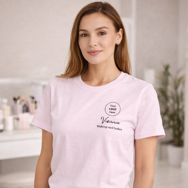 T-shirt Blush Pink Script Logo Makeup Staff (Black Script Employee Name Business Logo Makeup T-Shirt in Blush Pink)