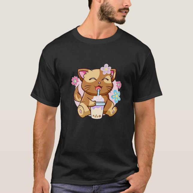 T-shirt Boba Cat Tea Neko Fille Ado Bubble Kawaii Anime Ja (Devant)
