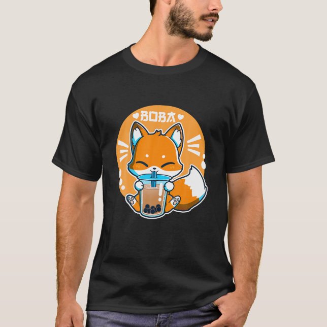 T-shirt Boba Fox Drinking Kawaii Japanese Fox Bubble Milk (Devant)