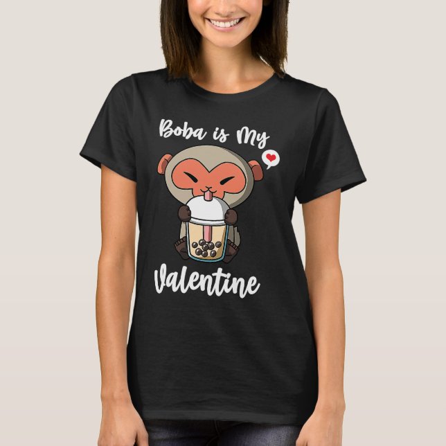 T-shirt Boba Tea is My Valentine Macaque Monkey Anti Valen (Devant)