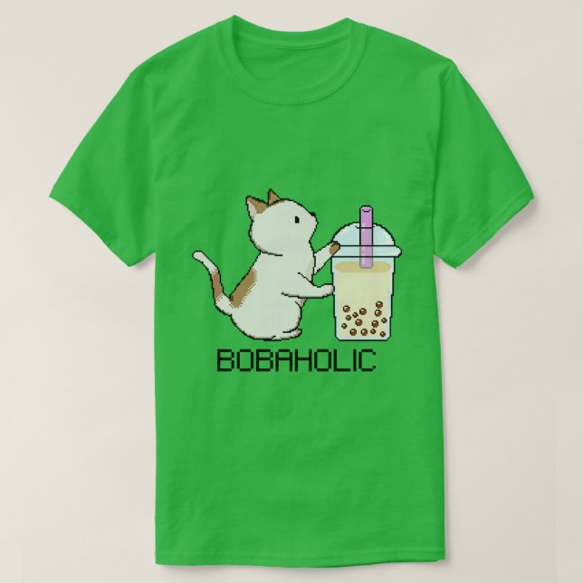 T-shirt Bobaholic Pixel Kitty aime Boba Tea (Design devant)
