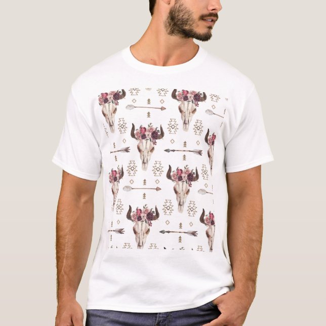 T-shirt Boho aquarelle : flèches, motif crâne. (Devant)